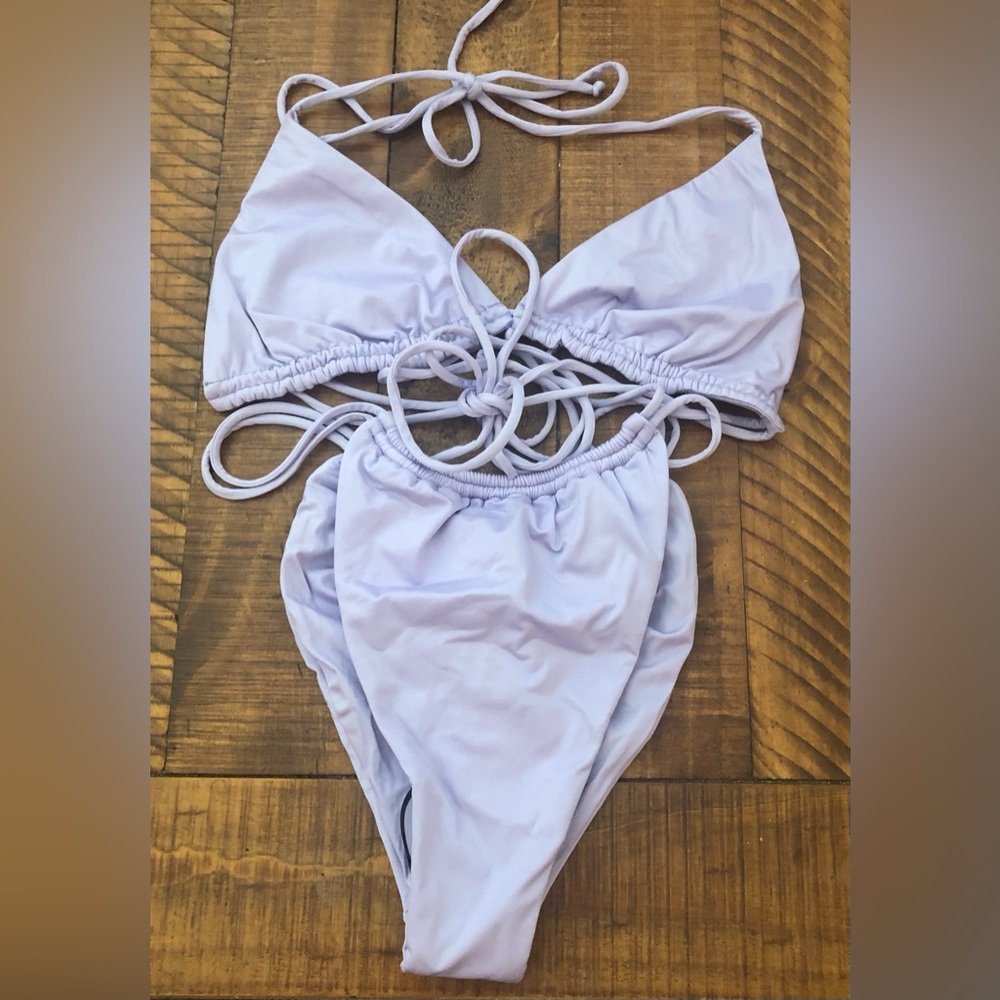 NWT Monica Hansen FULL SET Strappy Money Maker Triangl Bikini in Purple Lavender